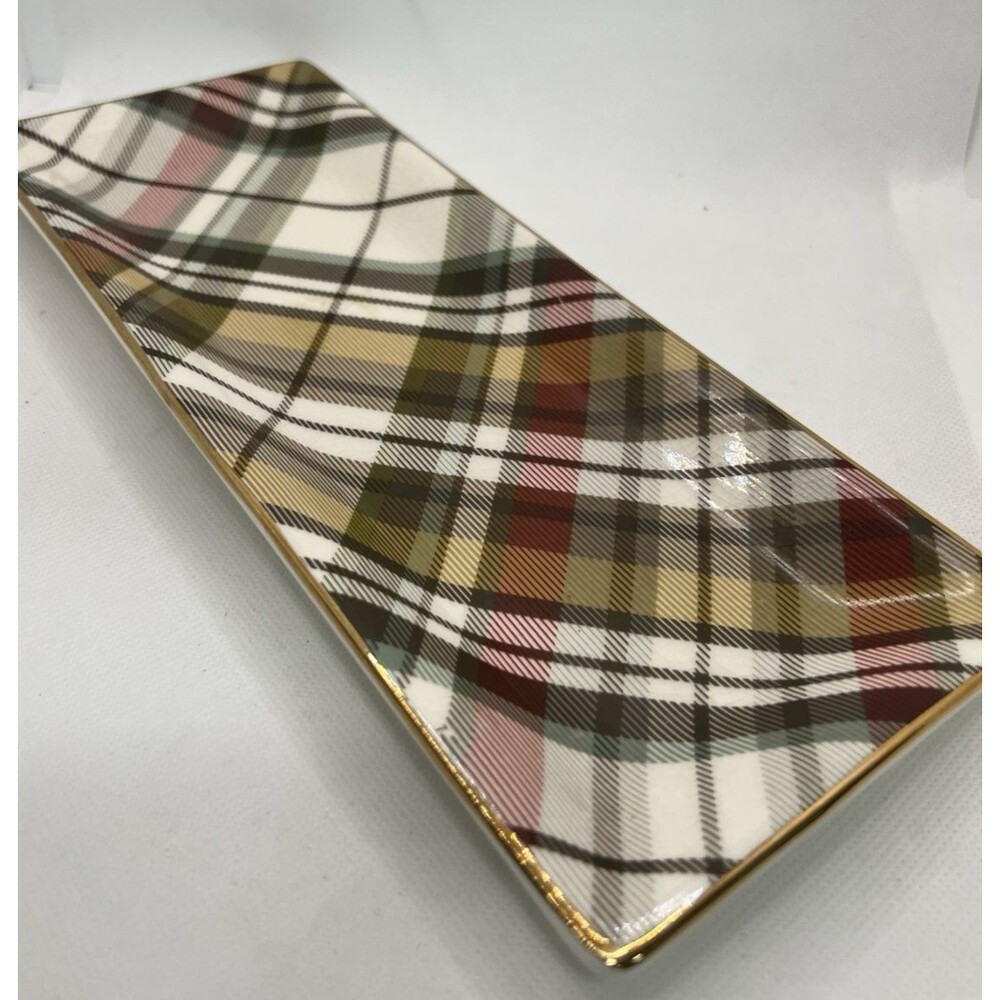 Pottery Barn Plaid Catch all Tray fall red green gold table decor christmas